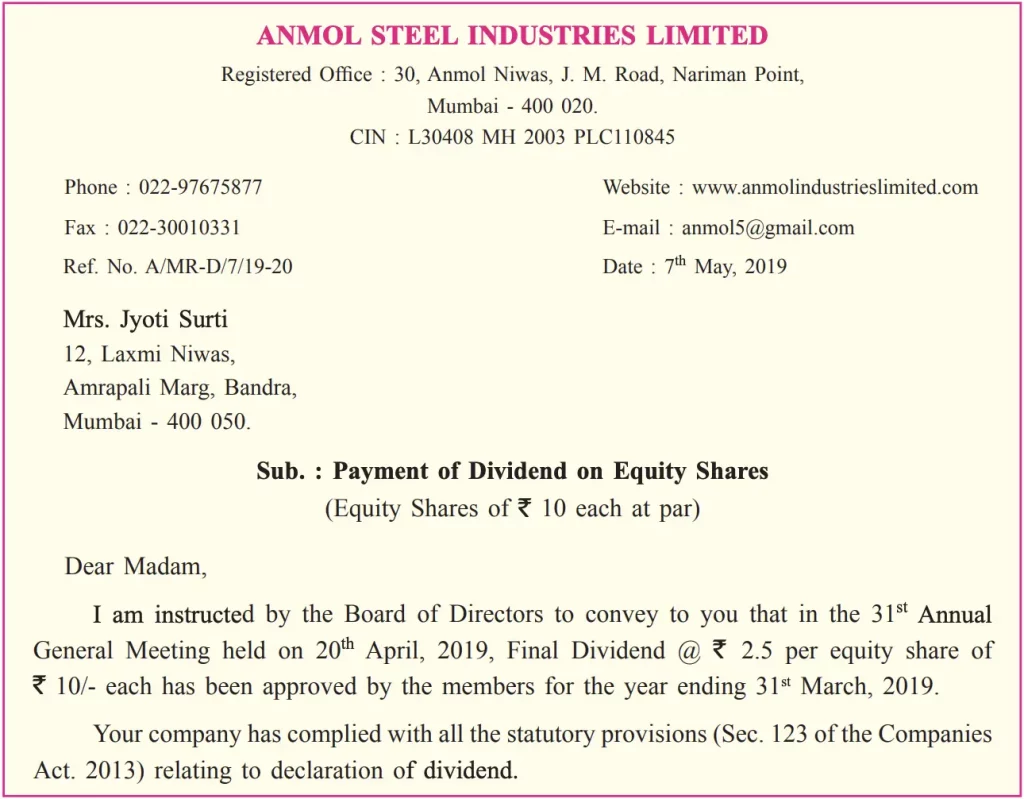 letter to the member for the payment of dividend through Dividend Warrant.